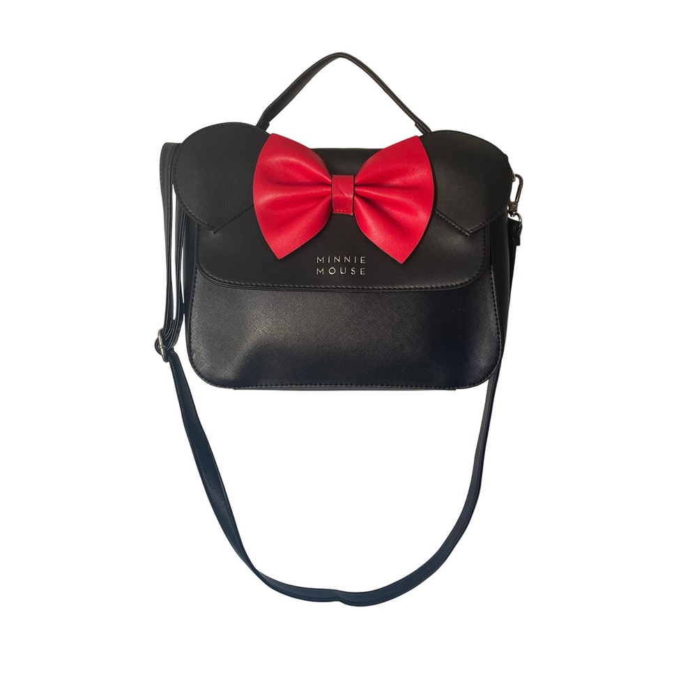 Disney Loungefly  Red Bow Minnie Mouse Black Saffiano Crossbody Bag
